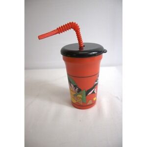 Looney Tunes Tweety Sylvester Plastic Tumbler Cup 1994 Red Black Straw